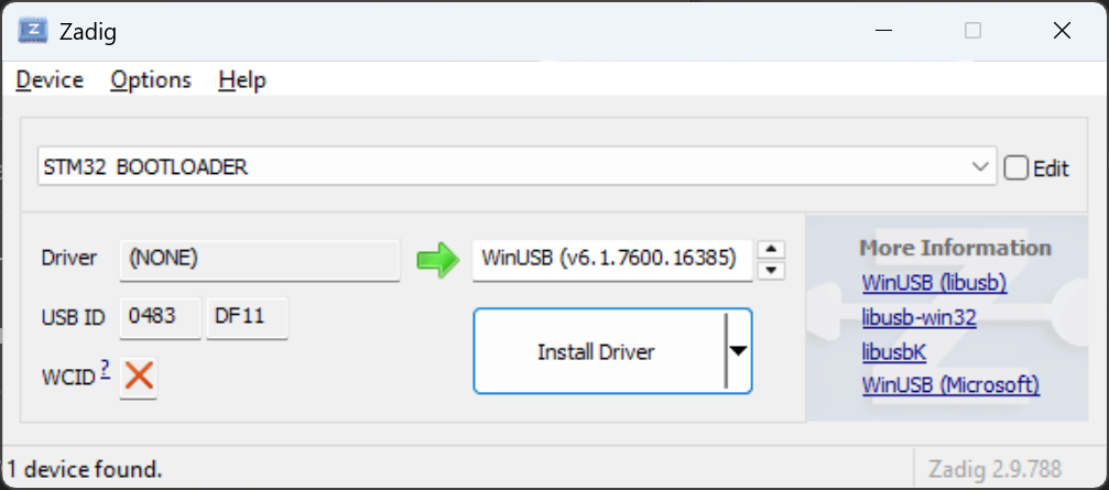 Zadig showing STM32 BOOTLOADER selected with WinUSB driver ready to install