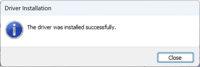 Zadig driver installation successful completion dialog